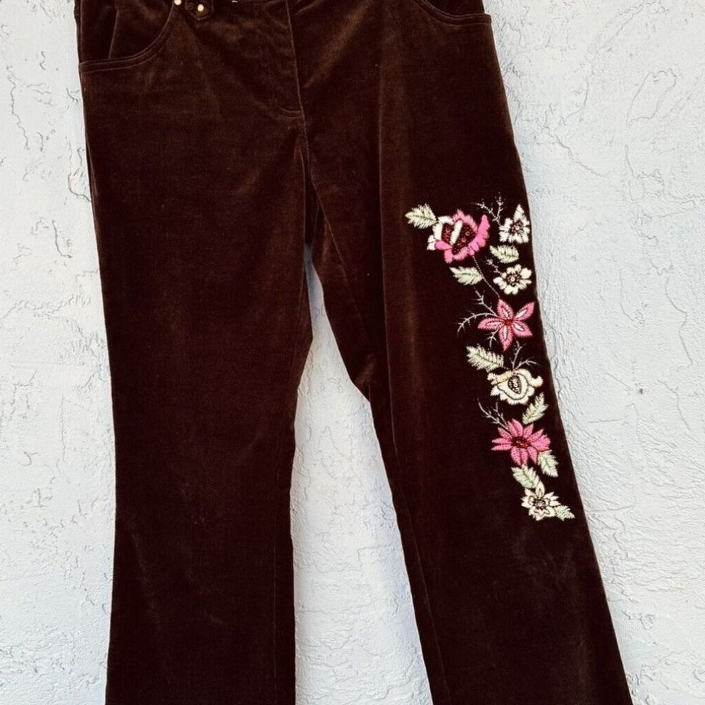Bamboo Traders Petite Women's Brown  Green &‎ Pink Floral  Emborder Pants SZ 6